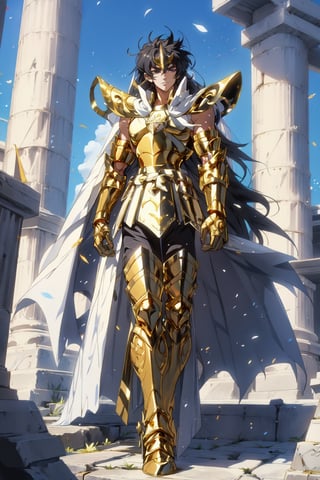 absurdres, highres, ultra detailed,Insane detail in face,  (boy:1.3), Gold Saint, Saint Seiya Style, (((Gold Armor))), Full body armor, no helmet, Zodiac Knights, (((white long cape))), black hair, Asian Fighting style pose,Pokemon Gotcha Style, gold gloves, long hair, long white cape, messy_hair, black eyes, black pants under armor, full body armor, beautiful old greek temple in the background, beautiful fields, full leg armor,FUJI,midjourney, battle_stance,