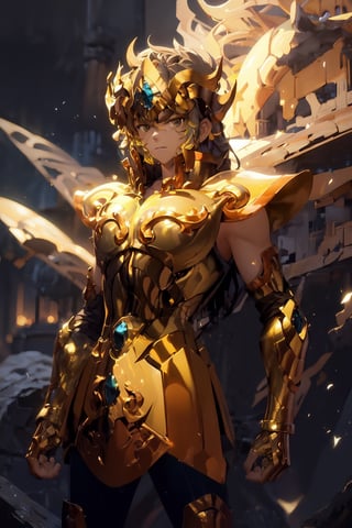 absurdres, highres, ultra detailed,Insane detail in face, masterpiece,  best quality, 1boy, solo, bare arms, standing, cowboy shot, leoarmor, golden armor, helmet, leoarmor,very long hair, yellow eyes, blue hair, two side up,FUJI, 