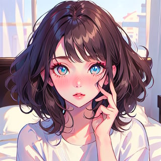 ((1 girl)), masterpiece, symmetrical face, ((well detailed eyes and face)), beautiful face, best quality, bangs, makeup, undone fringe, full body, good anatomy, correct proportions, dynamic pose, good hands detailed, pretty fingers, 5 fingers on each hand, thumb, blushing, short hair, messy hair, golden eyes, bed,Detailedface