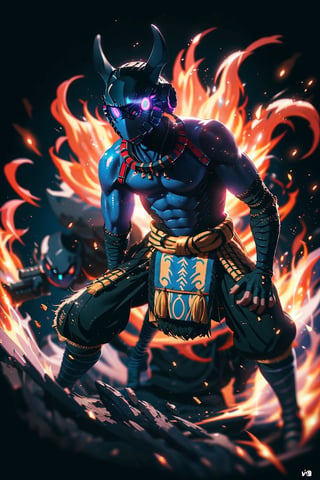 (1girl),a man holding a katana, blue glowing eyes, dynamic position, action_pose, aura, blurry_background, house in fire in background,cloudstick,Savage_Design