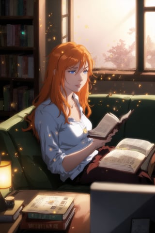 young woman, (beautiful detailed eyes:1.2), (glowinig eyes:1.2), (aura:1.1), orange_hair, long_hair, she is at her department, waking up,  light_particles, light_day, there is a sofa, desktop and a bookseller
