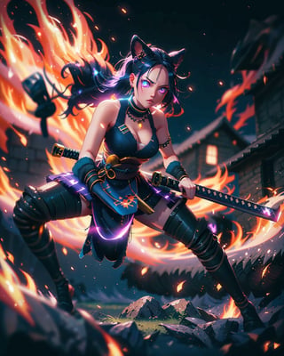 (1girl),a woman holding a katana, blue glowing eyes, dynamic position, action_pose, aura, blurry_background, house in fire in background,cloudstick,Savage_Design