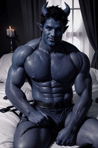 Cinematic film still, 8k resolution, ultrarealistic, (HDR, RAW, DSLR:1), (handsome, sexy blue male demon:1.5), blue muscular_body, (((realistic skin texture))), stubble, ((blue devil horns:1)), intricate eyes, (evil smirk), handsome masculine facial features, short hair, (black leather harness, underwear), (homoeroticism), (sitting on your bed wanting you to join him:1.5), (anatomically correct:1), flickering candle lighting, cinematic atmosphere, high contrast, sharp focus, dom_suyo,Portrait,tiefling,handsome male,1boy