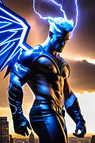 Professional photography, 8k resolution, ultrarealistic, (HDR, RAW, DSLR:1), (extremely handsome, gay Male storm demon:1.5), (big demon wings:1.5), muscular_body, realistic blue skin texture, ear piercing, stubble, intricately detailed, (sitting, waiting for you on the rooftop of a skyscraper:1), cinematic severe thunderstorm, (bolts of elecetricity shocks his sexy muscular body:1.5), demon horns, glowing electric eyes, (cocky devilish smile), (homoeroticism), handsome masculine facial features, short dark-blue hair, the severe storm has him wanting to play with you, white bolts of lightning surrounds the scene, (leather underewear, crotch_bulge), dyanamic lighting, (anatomically correct), volumetric atmosphere, high contrast, sharp focus, electricity, lighting trails, dom_suyo,LegendDarkFantasy