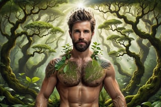 a handsome  geomancer with geomancing powers of the earth element, featuring (short mossy hair with a soft appearance), set in a overgrown, lush setting. Emphasize (((intricate details))), (((highest quality))), (((extreme detail quality))), and a (((captivating solid composition))). Use a palette of earth-toned colours, (((anatomically correct))), masculine handsome facial features, stubble, powerful toned physique ((meditating to store up his earth power)), magically sprouting plants from his perfect hands, full body shot, (((realistic flawless skin texture))), natural dramatic lighting, sun rays leaking thhrough the tree tops, ultrarealistic, earth manipulation powers, overgrown fantasy realism, magical plant powers, green energy, composed of elements of earth, plants, strong vines, growning energy, earth element, drath