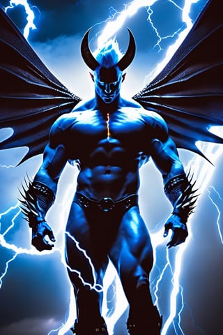 Professional photography, 8k resolution, ultrarealistic, (HDR, RAW, DSLR:1), (extremely handsome, gay Male storm demon:1.5), (big demon wings:1.5), muscular_body, realistic blue skin texture, ear piercing, stubble, intricately detailed, (sitting, waiting for you on the rooftop of a skyscraper:1), cinematic severe thunderstorm, (bolts of elecetricity shocks his sexy muscular body:1.5), demon horns, glowing electric eyes, (cocky devilish smile), (homoeroticism), handsome masculine facial features, short dark-blue hair, the severe storm has him wanting to play with you, white bolts of lightning surrounds the scene, (leather underewear, crotch_bulge), dyanamic lighting, (anatomically correct), volumetric atmosphere, high contrast, sharp focus, electricity, lighting trails, dom_suyo,wings,Handsome boy,meliodas_nanatsu_no_taizai,DonMD3m0nXL ,DonMK3yH0l3XL,sweetscape,anepicboy,Energy light particle mecha,monster,LegendDarkFantasy