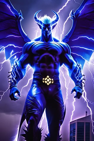 Professional photography, 8k resolution, ultrarealistic, (HDR, RAW, DSLR:1), (extremely handsome, gay Male storm demon:1.5), (big demon wings:1.5), muscular_body, realistic blue skin texture, ear piercing, stubble, intricately detailed, (sitting, waiting for you on the rooftop of a skyscraper:1), cinematic severe thunderstorm, (bolts of elecetricity shocks his sexy muscular body:1.5), demon horns, glowing electric eyes, (cocky devilish smile), (homoeroticism), handsome masculine facial features, short dark-blue hair, the severe storm has him wanting to play with you, white bolts of lightning surrounds the scene, (leather underewear, crotch_bulge), dyanamic lighting, (anatomically correct), volumetric atmosphere, high contrast, sharp focus, electricity, lighting trails, dom_suyo,wings,Handsome boy,meliodas_nanatsu_no_taizai,DonMD3m0nXL ,DonMK3yH0l3XL,sweetscape,anepicboy,Energy light particle mecha,monster,LegendDarkFantasy