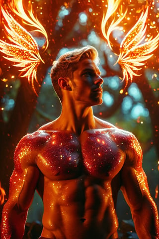 (photorealistic, masterpiece:1.5), best quality, beautiful lighting, realistic, real image, intricate details, depth of field, full body shot,1man, male focus, solo, extremely handsome, muscular, bara, male underwear, underwear bulge, muscular man, (male fairy), (glowing fiery red fairy wings), abs, nipples, pectorals, (big beautiful flaming red fairy wings), flexing, topless male, navel, short red-yellow ombre colored hair, large pectorals, male, biceps, fiery garden, embers everywhere, exterior, stomach, anatomically correct, realistic fire, flaming hot body, beautiful ethereal lighting, photorealistic (medium), 8k uhd, film grain, ((bokeh)), Cinematic Shot,DonMF41ryW1ng5XL,Mxl,glitter,Movie Still,fire element