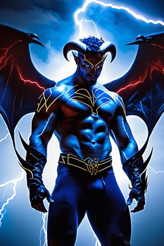 Professional photography, 8k resolution, ultrarealistic, (HDR, RAW, DSLR:1), (extremely handsome, gay Male storm demon:1.5), (big demon wings:1.5), muscular_body, realistic blue skin texture, ear piercing, stubble, intricately detailed, (sitting, waiting for you on the rooftop of a skyscraper:1), cinematic severe thunderstorm, (bolts of elecetricity shocks his sexy muscular body:1.5), demon horns, glowing electric eyes, (cocky devilish smile), (homoeroticism), handsome masculine facial features, short dark-blue hair, the severe storm has him wanting to play with you, white bolts of lightning surrounds the scene, (leather underewear, crotch_bulge), dyanamic lighting, (anatomically correct), volumetric atmosphere, high contrast, sharp focus, electricity, lighting trails, dom_suyo,LegendDarkFantasy