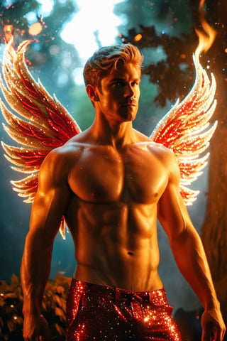 (photorealistic, masterpiece:1.5), best quality, beautiful lighting, realistic, real image, intricate details, depth of field, full body shot,1man, male focus, solo, extremely handsome, muscular, bara, male underwear, underwear bulge, muscular man, (male fairy), (glowing fiery red fairy wings), abs, nipples, pectorals, (big beautiful flaming red fairy wings), flexing, topless male, navel, short red-yellow ombre colored hair, large pectorals, male, biceps, fiery garden, embers everywhere, exterior, stomach, anatomically correct, realistic fire, flaming hot body, beautiful ethereal lighting, photorealistic (medium), 8k uhd, film grain, ((bokeh)), Cinematic Shot,DonMF41ryW1ng5XL,Mxl,glitter,Movie Still,fire element