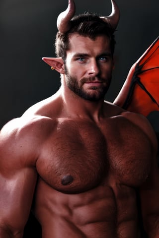 solo, looking at viewer, short hair, dark red hair, 1boy, upper body, male focus, wings, horns, pointy ears, demonic skin, muscular, facial hair, pectorals, muscular male, demon horns, bara, demon wings, beard, black wings, mature male, realistic, demon, chest hair,dom_suyo,handsome male,fantasy,