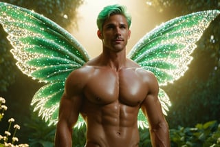 (photorealistic, masterpiece:1.5), best quality, beautiful lighting, realistic, real image, intricate details, depth of field, full body shot,1man, male focus, solo, extremely handsome, muscular, bara, male underwear, underwear bulge, muscular man, (male fairy), (glowing mint-green fairy wings), abs, nipples, pectorals, facial hair, (big beautiful mint-green fairy wings), flexing, topless male, navel, short mint colored hair, large pectorals, male, biceps, flower garden, exterior, stomach, anatomically correct, realistic, beautiful ethereal lighting, photorealistic (medium), 8k uhd, film grain, ((bokeh)), Cinematic Shot,DonMF41ryW1ng5XL,Mxl,glitter,Movie Still