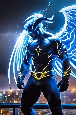 Professional photography, 8k resolution, ultrarealistic, (HDR, RAW, DSLR:1), (extremely handsome, gay Male storm demon:1.5), (big demon wings:1.5), muscular_body, realistic blue skin texture, ear piercing, stubble, intricately detailed, (sitting, waiting for you on the rooftop of a skyscraper:1), cinematic severe thunderstorm, (bolts of elecetricity shocks his sexy muscular body:1.5), demon horns, glowing electric eyes, (cocky devilish smile), (homoeroticism), handsome masculine facial features, short dark-blue hair, the severe storm has him wanting to play with you, white bolts of lightning surrounds the scene, (leather underewear, crotch_bulge), dyanamic lighting, (anatomically correct), volumetric atmosphere, high contrast, sharp focus, electricity, lighting trails, dom_suyo,wings,Handsome boy,meliodas_nanatsu_no_taizai,DonMD3m0nXL ,DonMK3yH0l3XL,sweetscape,anepicboy,Energy light particle mecha,monster,LegendDarkFantasy