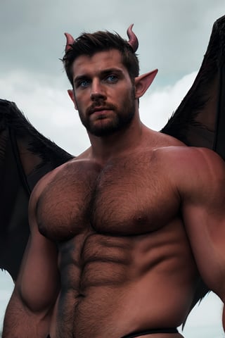 solo, looking at viewer, short hair, dark red hair, 1boy, upper body, male focus, wings, horns, pointy ears, demonic skin, muscular, facial hair, pectorals, muscular male, demon horns, bara, demon wings, beard, black wings, mature male, realistic, demon, chest hair,dom_suyo,handsome male,fantasy,