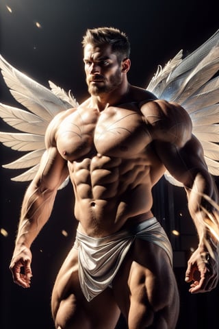 (photorealistic), cinimatic film still, beautiful lighting, best quality, realistic, real image, intricate details, depth of field, highly detailed, man, male focus, handsome, muscular, masculine and rugged, (Male fairy:1), (big intricate silver fairy wings:1), detailed muscular physique, masterpiece, photorealistic, powerful alpha male, perfect eyes, highly intricate facial features, short silver styled hair, muscular build, sharp focus, professional studio lighting, warm tones ((field)), dynamic pose, anatomically correct, atmospheric, RAW photo, 10k uhd,DonMF41ryW1ng5,handsome male,perfect light