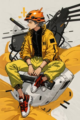  beizu style, The guy, in a stylish yellow jacket, military pants, red sneakers, sits on a motorcycle, in a helmet