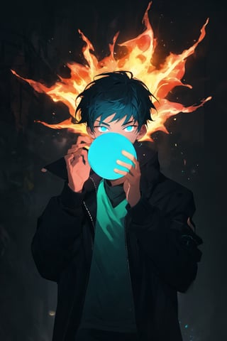 A boy with magic, neon colors, a ball of fire in his hand 