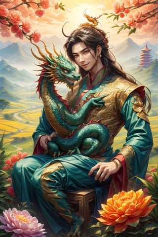 masterpiece, beautiful lighting, best quality, beautiful lighting, perfect focus, 2 dragon, 1 couple, holding a traditional Chinese dragon, artic focus, perfect faces, portrait of a Chinese xianxia style meat pie couple, it's from China, they are handsome, they have a tender and pleasant smile. They are mature, they are about 30 years old, they are beautiful, they are elegant, they are a prince, they wear royal clothes in pastel and gold tones, they have Asian brown eyes, they wear a hanfu with dragon decorations, traditional clothes in red and gold tones, they wear jewelry China, the man is masculine, has long hair, the woman is feminine and has a traditional Chinese hairstyle. holds a Chinese fan, a Chinese lamp, has a fan, the man has Chinese dragon tattoos, is immortal, xianxia man hairstyle, wears xianxia makeup and has Wei Jin man style, beautiful Chinese background with flowers and plants, with a dragon dominating the scene from the background, behind the couple, he is with a Chinese dragon, a cute dragon is on his shoulder, dragon background, HD, 8K, photorealism, hyper detailed, hyper realism.