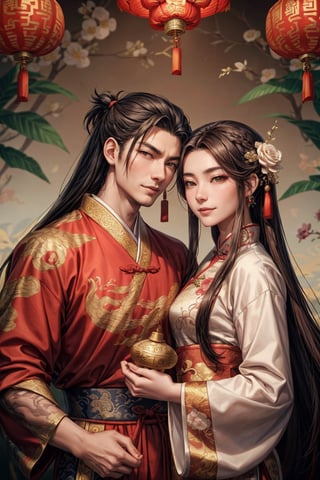 masterpiece, beautiful lighting, best quality, beautiful lighting, perfect focus, 1 couple, holding a traditional Chinese dragon, artic focus, perfect faces, portrait of a Chinese xianxia style meat pie couple, it's from China, they are handsome, they have a tender and pleasant smile. They are mature, they are about 30 years old, they are beautiful, they are elegant, they are a prince, they wear royal clothes in pastel and gold tones, they have Asian brown eyes, they wear a hanfu with dragon decorations, traditional clothes in red and gold tones, they wear jewelry China, the man is masculine, has long hair, the woman is feminine and has a traditional Chinese hairstyle. holds a Chinese fan, a Chinese lamp, has a fan, the man has Chinese dragon tattoos, is immortal, xianxia man hairstyle, wears xianxia makeup and has Wei Jin man style, beautiful Chinese background with flowers and plants, is with a dragon, a cute dragon is on his shoulder, dragon background, HD, 8K, photorealism, hyper detailed, hyper realism.