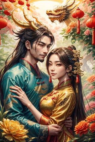 masterpiece, beautiful lighting, best quality, beautiful lighting, perfect focus, (((1 couple, holding a traditional Chinese dragon))), artic focus, perfect faces, (((portrait of a Chinese xianxia style meat pie couple))), it's from China, they are handsome, they have a tender and pleasant smile. They are mature, they are about 30 years old, they are beautiful, they are elegant, they are a prince, they wear royal clothes in pastel and gold tones, they have Asian brown eyes, they wear a hanfu with dragon decorations, traditional clothes in red and gold tones, they wear jewelry China, the man is masculine, has long hair, the woman is feminine and has a traditional Chinese hairstyle. holds a Chinese fan, a Chinese lamp, has a fan, the man has Chinese dragon tattoos, is immortal, xianxia man hairstyle, wears xianxia makeup and has Wei Jin man style, beautiful Chinese background with flowers and plants, He is with a Chinese dragon, a cute dragon is on his shoulder, dragon background, HD, 8K, photorealism, hyper detailed, hyper realism.,Chinese dragon,firefliesfireflies