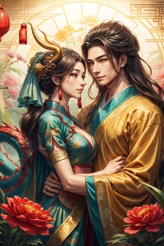 masterpiece, beautiful lighting, best quality, beautiful lighting, perfect focus, 2 dragon, 1 couple, holding a traditional Chinese dragon, artic focus, perfect faces, portrait of a Chinese xianxia style meat pie couple, it's from China, they are handsome, they have a tender and pleasant smile. They are mature, they are about 30 years old, they are beautiful, they are elegant, they are a prince, they wear royal clothes in pastel and gold tones, they have Asian brown eyes, they wear a hanfu with dragon decorations, traditional clothes in red and gold tones, they wear jewelry China, the man is masculine, has long hair, the woman is feminine and has a traditional Chinese hairstyle. holds a Chinese fan, a Chinese lamp, has a fan, the man has Chinese dragon tattoos, is immortal, xianxia man hairstyle, wears xianxia makeup and has Wei Jin man style, beautiful Chinese background with flowers and plants, He is with a Chinese dragon, a cute dragon is on his shoulder, dragon background, HD, 8K, photorealism, hyper detailed, hyper realism.