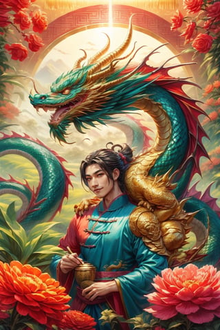 masterpiece, beautiful lighting, best quality, beautiful lighting, perfect focus, 2 dragon, 1 couple, holding a traditional Chinese dragon, artic focus, perfect faces, portrait of a Chinese xianxia style meat pie couple, it's from China, they are handsome, they have a tender and pleasant smile. They are mature, they are about 30 years old, they are beautiful, they are elegant, they are a prince, they wear royal clothes in pastel and gold tones, they have Asian brown eyes, they wear a hanfu with dragon decorations, traditional clothes in red and gold tones, they wear jewelry China, the man is masculine, has long hair, the woman is feminine and has a traditional Chinese hairstyle. holds a Chinese fan, a Chinese lamp, has a fan, the man has Chinese dragon tattoos, is immortal, xianxia man hairstyle, wears xianxia makeup and has Wei Jin man style, beautiful Chinese background with flowers and plants, with a dragon dominating the scene from the background, behind the couple, he is with a Chinese dragon, a cute dragon is on his shoulder, dragon background, HD, 8K, photorealism, hyper detailed, hyper realism.