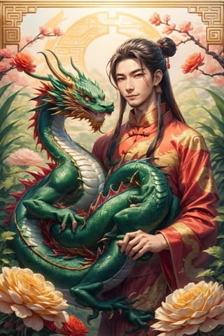 masterpiece, beautiful lighting, best quality, beautiful lighting, perfect focus, (((1 couple, holding a traditional Chinese dragon))), artic focus, perfect faces, portrait of a Chinese xianxia style meat pie couple, it's from China, they are handsome, they have a tender and pleasant smile. They are mature, they are about 30 years old, they are beautiful, they are elegant, they are a prince, they wear royal clothes in pastel and gold tones, they have Asian brown eyes, they wear a hanfu with dragon decorations, traditional clothes in red and gold tones, they wear jewelry China, the man is masculine, has long hair, the woman is feminine and has a traditional Chinese hairstyle. holds a Chinese fan, a Chinese lamp, has a fan, the man has Chinese dragon tattoos, is immortal, xianxia man hairstyle, wears xianxia makeup and has Wei Jin man style, beautiful Chinese background with flowers and plants, He is with a Chinese dragon, a cute dragon is on his shoulder, dragon background, HD, 8K, photorealism, hyper detailed, hyper realism.,Chinese dragon