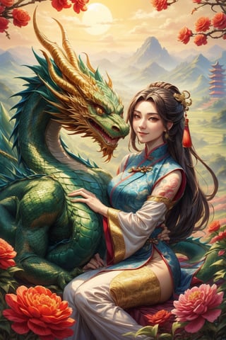 masterpiece, beautiful lighting, best quality, beautiful lighting, perfect focus, 2 dragon, 1 couple, holding a traditional Chinese dragon, artic focus, perfect faces, portrait of a Chinese xianxia style meat pie couple, it's from China, they are handsome, they have a tender and pleasant smile. They are mature, they are about 30 years old, they are beautiful, they are elegant, they are a prince, they wear royal clothes in pastel and gold tones, they have Asian brown eyes, they wear a hanfu with dragon decorations, traditional clothes in red and gold tones, they wear jewelry China, the man is masculine, has long hair, the woman is feminine and has a traditional Chinese hairstyle. holds a Chinese fan, a Chinese lamp, has a fan, the man has Chinese dragon tattoos, is immortal, xianxia man hairstyle, wears xianxia makeup and has Wei Jin man style, beautiful Chinese background with flowers and plants, with a dragon dominating the scene from the background, behind the couple, he is with a Chinese dragon, a cute dragon is on his shoulder, dragon background, HD, 8K, photorealism, hyper detailed, hyper realism.