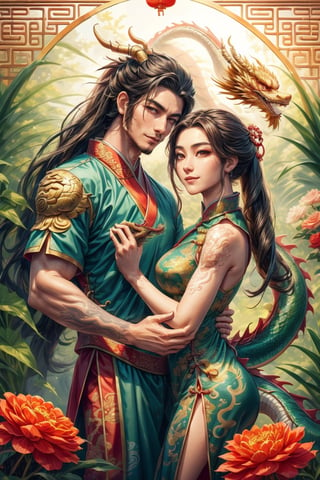 masterpiece, beautiful lighting, best quality, beautiful lighting, perfect focus, (((1 couple, holding a traditional Chinese dragon))), artic focus, perfect faces, portrait of a Chinese xianxia style meat pie couple, it's from China, they are handsome, they have a tender and pleasant smile. They are mature, they are about 30 years old, they are beautiful, they are elegant, they are a prince, they wear royal clothes in pastel and gold tones, they have Asian brown eyes, they wear a hanfu with dragon decorations, traditional clothes in red and gold tones, they wear jewelry China, the man is masculine, has long hair, the woman is feminine and has a traditional Chinese hairstyle. holds a Chinese fan, a Chinese lamp, has a fan, the man has Chinese dragon tattoos, is immortal, xianxia man hairstyle, wears xianxia makeup and has Wei Jin man style, beautiful Chinese background with flowers and plants, He is with a Chinese dragon, a cute dragon is on his shoulder, dragon background, HD, 8K, photorealism, hyper detailed, hyper realism.,Chinese dragon,firefliesfireflies