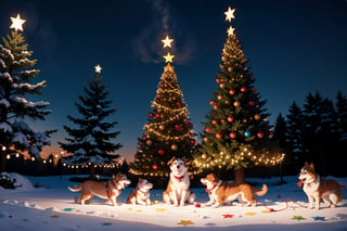 A bunch of cute puppies, Husky and Golden Retriever, A christmas tree with decorations and lights and a big star shaped light on top in a park, gifts and lights on around it, BACKGROUND, 