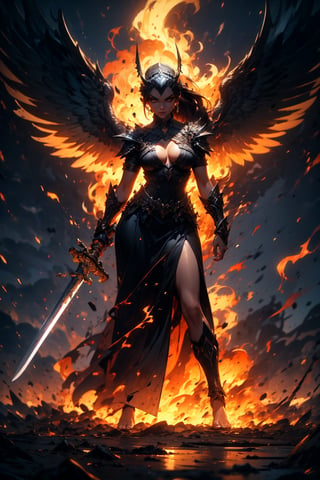 ((2 sisters standing next to each other in frame)), Valkyrie head gear, Valkyrie wings, black knight warrior, (fantasy sword, holding sword), black hair, white hair, long hair with bangs, big breasts, cleavage cutout, ((perfect face)), barefoot, yellow_eyes, full_body, (Masterpiece, best quality, ultra-detailed, best shadow, Unreal Engine 5), (detailed background),3DMM