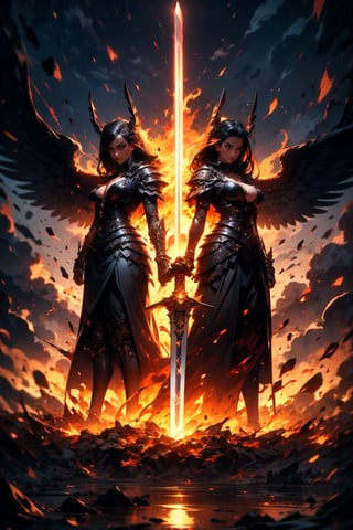 ((2 sisters standing next to each other)), Valkyrie head gear, Valkyrie wings, black knight warrior, (fantasy sword, holding sword), black hair, white hair, long hair with bangs, big breasts, cleavage cutout, ((perfect face)), barefoot, yellow_eyes, full_body, (Masterpiece, best quality, ultra-detailed, best shadow, Unreal Engine 5), (detailed background),3DMM