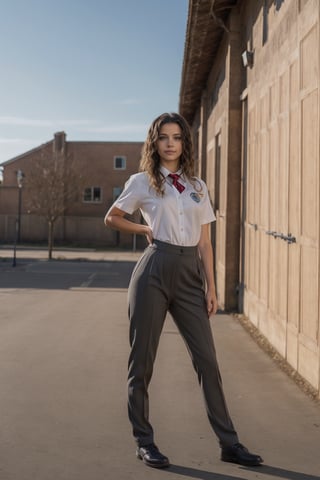 Woman, realistic, school uniform, fullbody_shot, perfect face, cute eyes, hands on hips, looking at viewer, school yard, cinematic light, SkpFace,ProduceSei