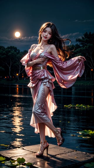 At the peaceful lotus pond, basked in the gentle moonlight, a girl appears, draped in a (figure-hugging:1.3) pink gown. Accentuated by a delicate waist belt and sparkling (jewelry:1.3), her attire features (layered skirts that gracefully flow:1.2), reminiscent of the lotus petals. Her (flowing locks:1.3) dance in the air, echoing the movements of the serene lotus leaves. The moonlight reflects upon the blooming lotus flowers, creating a scene of ethereal beauty. With a radiant smile, (high-heeled shoes:1.2), the girl emanates joy, as if she embodies the vibrant spirit of the lotus pond,perfecteyes