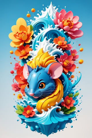 colorfull cloud, flower splash, water splash, nature, Chinese mouse Leonardo Style,oni style,3d style, solid color, vector style, illustration,vector art,3d