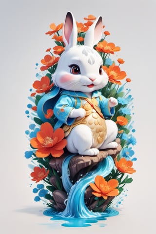 colorfull cloud, flower splash, water splash, nature, Chinese rabbit, Leonardo Style,oni style,3d style, solid color, vector style, illustration,vector art,3d