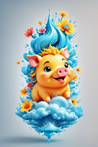 colorfull cloud, flower splash, water splash, nature, piggy, Leonardo Style,oni style,3d style, solid color, vector style, illustration,vector art,3d