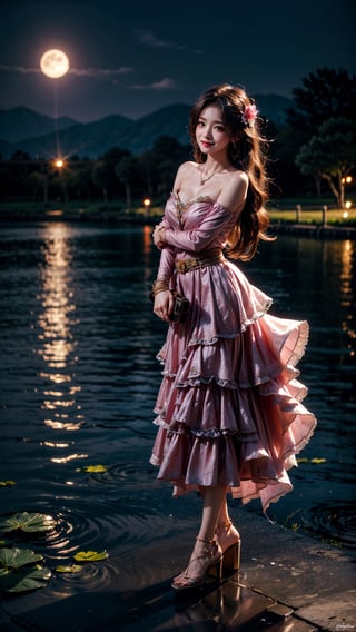 At the peaceful lotus pond, basked in the gentle moonlight, a girl appears, draped in a (figure-hugging:1.3) pink gown. Accentuated by a delicate waist belt and sparkling (jewelry:1.3), her attire features (layered skirts that gracefully flow:1.2), reminiscent of the lotus petals. Her (flowing locks:1.3) dance in the air, echoing the movements of the serene lotus leaves. The moonlight reflects upon the blooming lotus flowers, creating a scene of ethereal beauty. With a radiant smile, (high-heeled shoes:1.2), the girl emanates joy, as if she embodies the vibrant spirit of the lotus pond,perfecteyes