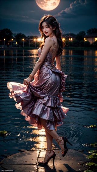 At the peaceful lotus pond, basked in the gentle moonlight, a girl appears, draped in a (figure-hugging:1.3) pink gown. Accentuated by a delicate waist belt and sparkling (jewelry:1.3), her attire features (layered skirts that gracefully flow:1.2), reminiscent of the lotus petals. Her (flowing locks:1.3) dance in the air, echoing the movements of the serene lotus leaves. The moonlight reflects upon the blooming lotus flowers, creating a scene of ethereal beauty. With a radiant smile, (high-heeled shoes:1.2), the girl emanates joy, as if she embodies the vibrant spirit of the lotus pond,perfecteyes