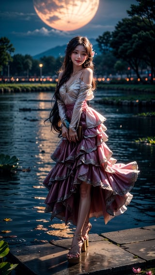 At the peaceful lotus pond, basked in the gentle moonlight, a girl appears, draped in a (figure-hugging:1.3) pink gown. Accentuated by a delicate waist belt and sparkling (jewelry:1.3), her attire features (layered skirts that gracefully flow:1.2), reminiscent of the lotus petals. Her (flowing locks:1.3) dance in the air, echoing the movements of the serene lotus leaves. The moonlight reflects upon the blooming lotus flowers, creating a scene of ethereal beauty. With a radiant smile, (high-heeled shoes:1.2), the girl emanates joy, as if she embodies the vibrant spirit of the lotus pond,perfecteyes