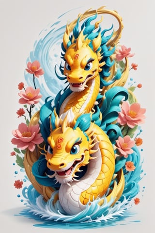 colorfull cloud, flower splash, water splash, nature, Chinese dragon Leonardo Style,oni style,3d style, solid color, vector style, illustration,vector art,3d