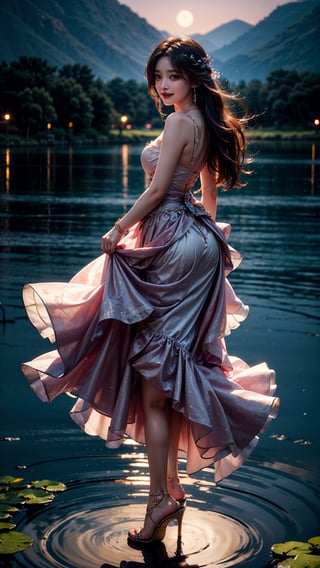 At the peaceful lotus pond, basked in the gentle moonlight, a girl appears, draped in a (figure-hugging:1.3) pink gown. Accentuated by a delicate waist belt and sparkling (jewelry:1.3), her attire features (layered skirts that gracefully flow:1.2), reminiscent of the lotus petals. Her (flowing locks:1.3) dance in the air, echoing the movements of the serene lotus leaves. The moonlight reflects upon the blooming lotus flowers, creating a scene of ethereal beauty. With a radiant smile, (high-heeled shoes:1.2), the girl emanates joy, as if she embodies the vibrant spirit of the lotus pond,perfecteyes