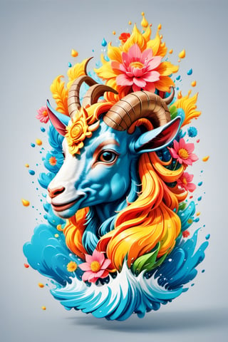 colorfull cloud, flower splash, water splash, nature, goat, Leonardo Style,oni style,3d style, solid color, vector style, illustration,vector art,3d