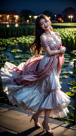 At the peaceful lotus pond, basked in the gentle moonlight, a girl appears, draped in a (figure-hugging:1.3) pink gown. Accentuated by a delicate waist belt and sparkling (jewelry:1.3), her attire features (layered skirts that gracefully flow:1.2), reminiscent of the lotus petals. Her (flowing locks:1.3) dance in the air, echoing the movements of the serene lotus leaves. The moonlight reflects upon the blooming lotus flowers, creating a scene of ethereal beauty. With a radiant smile, (high-heeled shoes:1.2), the girl emanates joy, as if she embodies the vibrant spirit of the lotus pond,perfecteyes