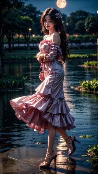 At the peaceful lotus pond, basked in the gentle moonlight, a girl appears, draped in a (figure-hugging:1.3) pink gown. Accentuated by a delicate waist belt and sparkling (jewelry:1.3), her attire features (layered skirts that gracefully flow:1.2), reminiscent of the lotus petals. Her (flowing locks:1.3) dance in the air, echoing the movements of the serene lotus leaves. The moonlight reflects upon the blooming lotus flowers, creating a scene of ethereal beauty. With a radiant smile, (high-heeled shoes:1.2), the girl emanates joy, as if she embodies the vibrant spirit of the lotus pond,perfecteyes