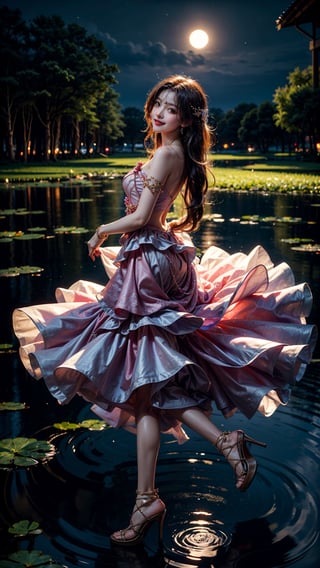 At the peaceful lotus pond, basked in the gentle moonlight, a girl appears, draped in a (figure-hugging:1.3) pink gown. Accentuated by a delicate waist belt and sparkling (jewelry:1.3), her attire features (layered skirts that gracefully flow:1.2), reminiscent of the lotus petals. Her (flowing locks:1.3) dance in the air, echoing the movements of the serene lotus leaves. The moonlight reflects upon the blooming lotus flowers, creating a scene of ethereal beauty. With a radiant smile, (high-heeled shoes:1.2), the girl emanates joy, as if she embodies the vibrant spirit of the lotus pond,perfecteyes