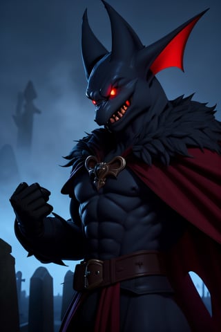 Fighting game style, solo, upper_body, a creature, his face looks like a bat, grey fur, dressed as a count, red lined cape, ruined graveyard in the background, at night, blue hour,  volumetric mist, Dynamic, vibrant, action-packed, detailed character design, reminiscent of fighting video games