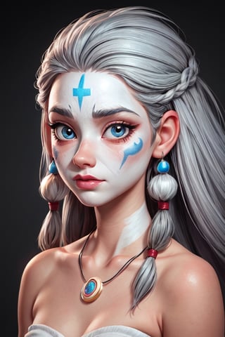 (CGI: 1.2), (Pixar: 1.2), 1girl, RAW photo, beautiful female warrior with grey hair, dreadlocks, shaman necklaces, with white face paint, (high detailed skin: 1.2), 8K, UHD, DSLR, soft lighting, high quality, film grain, (caricature: 0.2), cute big circular eyes