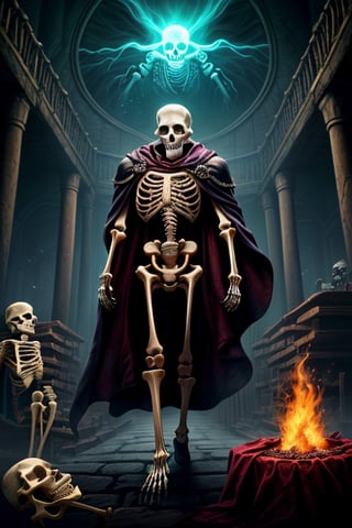 (best quality: 1.2), (masterpiece: 1.2), (realistic: 1.2), (detailed), 1man,  (old male skeleton wizard lich: 1.2), wearing tattered robes, (majesic death priest cloth armor: 1.2), (glow aura, evil: 1.2), (archmage robes, runic patter: 1.2), (red fire pupils: 1.1), (hairless skull, ecstatic: 1.1), (skeleton, rib cage, arm bones, chest bones, leg bones, skeletal hands, skeleton spine:1.3), (older body: 1.1), stocky, (wizard laboratory in background: 1.2), (masterpiece: 1.2), absurdres, HDR, 