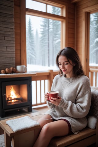 Cozy indoor photo, woman, wearing a knit sweater and holding a cup of hot chocolate, sitting by a fireplace in a log cabin, snow-covered trees outside the window, warm and inviting atmosphere,<lora:659095807385103906:1.0>